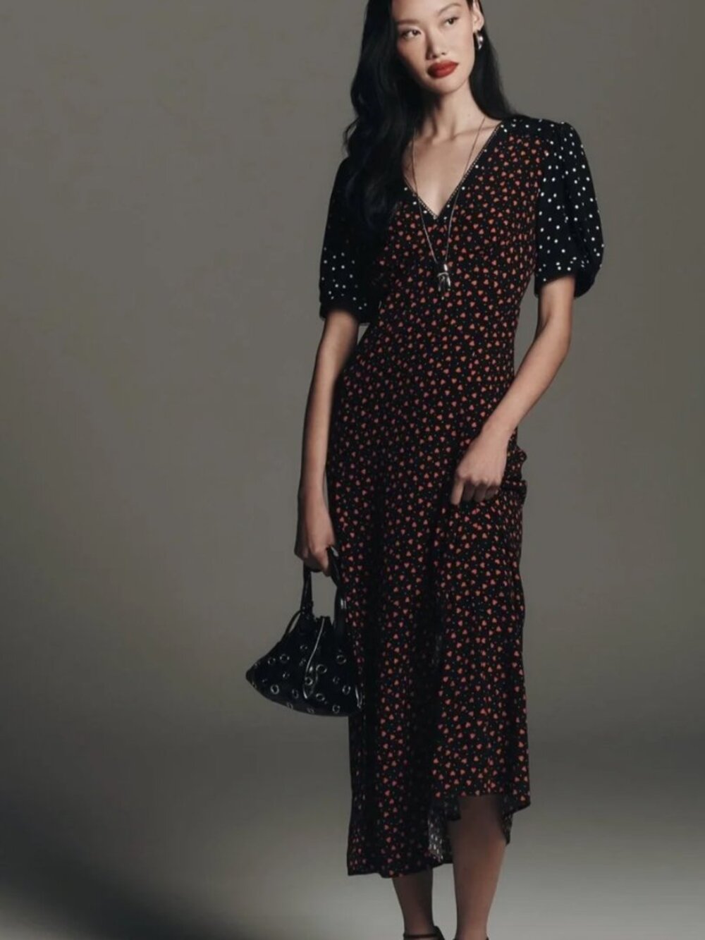 Anthropologie Maeve Plus 1X Heart polka dot puff sleeve midi dress NWT